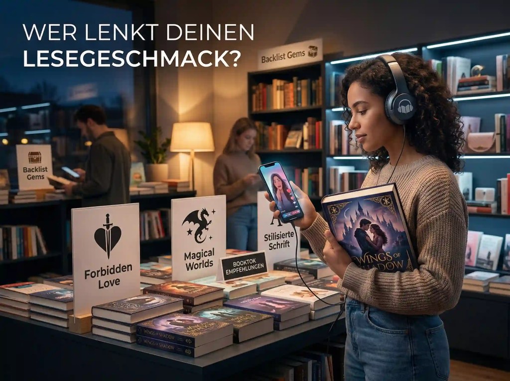 Stilisierte Darstellung einer Buchhandlung mit ausgestellten Neuheiten
